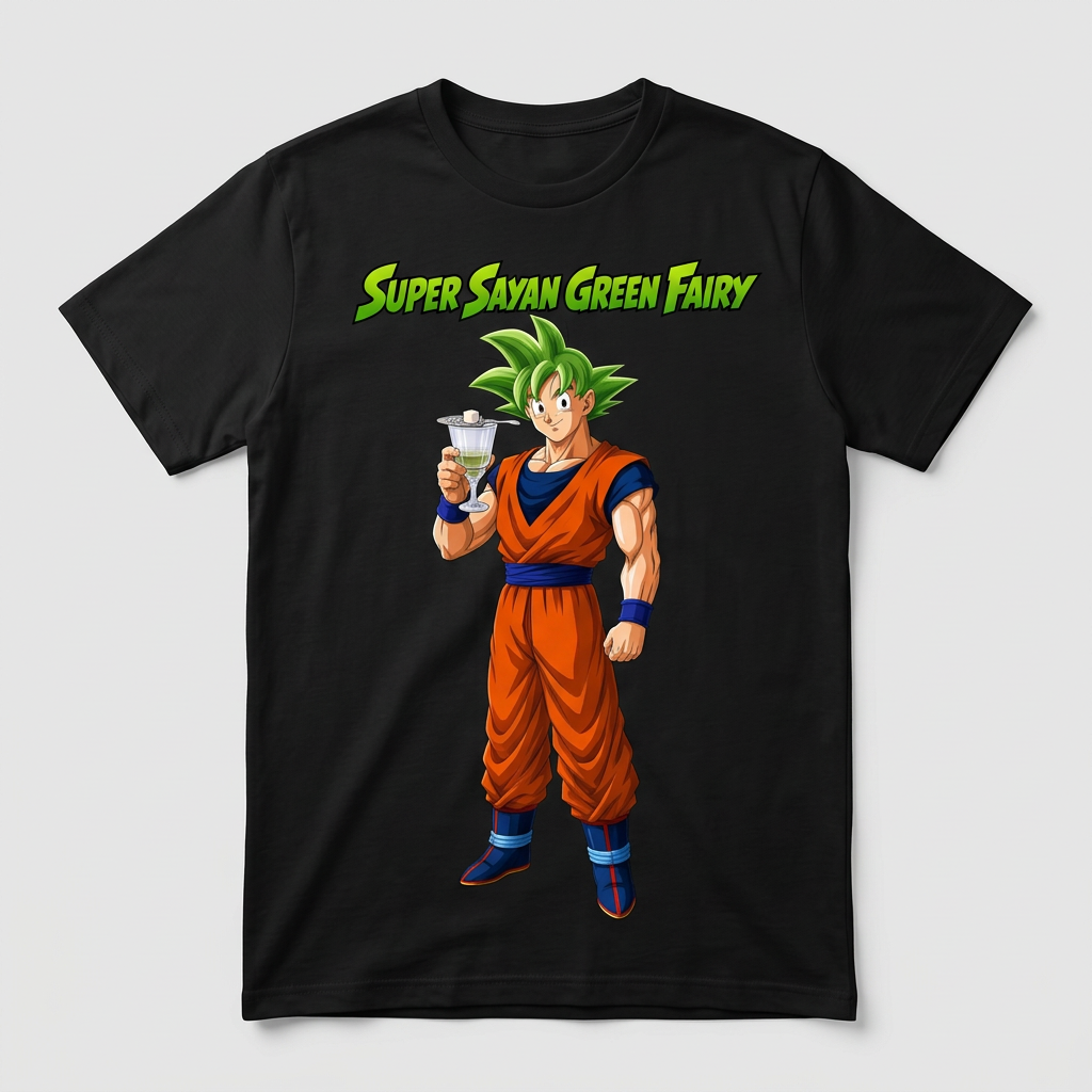 Tee-shirt noir Super Saiyan Green Fairy, texte au-dessus du personnage